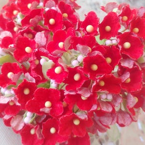 May include: A heart-shaped floral arrangement composed of vibrant red flowers with yellow centers. The arrangement is surrounded by smaller, light pink and white accents, creating a delicate and romantic aesthetic. The flowers are clustered closely together.