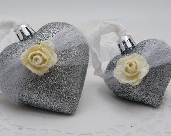 Set of 2 Shabby Chic Christmas Heart Ornaments with a Silver Glitter Sparkle -Romantic Holiday Valentine's or Christmas Display - Gift Idea