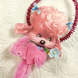 Pink Poodle Chenille Vintage Style Valentines Day Ornaments - Christmas Tree Decoration - Dog Doggy Puppy Pipe Cleaner Dolls & Figurines