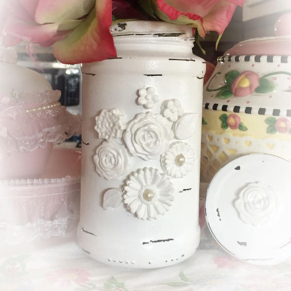 White Shabby Chic Glass Flower Vase Jar - Wedding Bridal Baby Birthday Anniversary Table Party Centerpiece Home Decor Decoration Ideas Gift