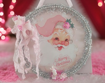 Pink Christmas Santa & Deer Metal Sign/Picture for Hanging- Pink Shabby Chic Santa Christmas Seasonal Decor - Round Tin Sign Gift Idea