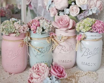 Shabby Chic Painted Mason Jar Centerpiece Decor Vase Wedding Bridal Baby Shower Birthday Party Mothers Day Hostess Gift Sweet Vintage Design