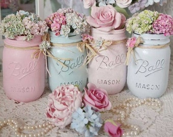 Shabby Chic Painted Mason Jars - Centerpieces - Home Decor Vases for Wedding Bridal/Baby Shower/Birthday Party/Mothers Day Hostess Gift Idea