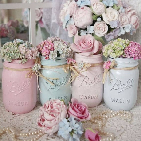 Shabby Chic Painted Mason Jar Centerpiece Decor Vase Wedding Bridal Baby Shower Birthday Party Mothers Day Hostess Gift Sweet Vintage Design