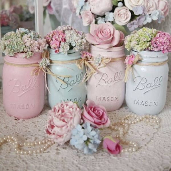 Shabby Chic Painted Mason Jars - Centerpieces - Home Decor Vases for Wedding Bridal/Baby Shower/Birthday Party/Mothers Day Hostess Gift Idea