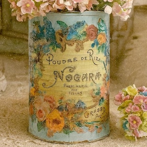 French Shabby Chic Light Blue Tin Can Flower Vase Floral Perfume Label France Vintage Style Home Decor Table Centerpiece Boudoir Vanity