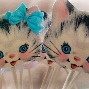 12 Vintage Kitty Cupcake Toppers Retro Kitten Cat Toothpicks Picks Hors d'oeuvre Appetizer Birthday Tea Party Candy Bar Baby Shower Decor image 1