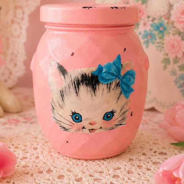 Vintage Kitty Pink/Peach Glass Jar - Whimsical Kitschy Kitsch Salmon Coral Decor Retro Decor Shabby Chic - Vanity Desk Bathroom Storage Gift