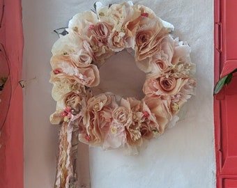 Shabby Chic Coffee Filter Wreath - Blush Peach-Pink Ivory Cream Paper Flower -Peonies Rose Floral - Door Decor Home Office Nursery Christmas