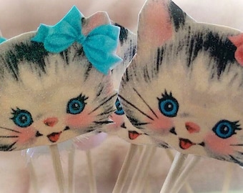 12 Vintage Kitty Cupcake Toppers - Retro Kitten Cat Toothpicks Picks Hors d'oeuvre Appetizer Birthday Tea Party Candy Bar Baby Shower Decor
