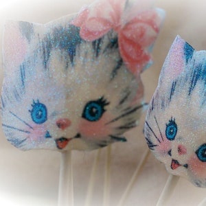 12 Vintage Kitty Cupcake Toppers Retro Kitten Cat Toothpicks Picks Hors d'oeuvre Appetizer Birthday Tea Party Candy Bar Baby Shower Decor image 7