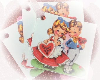 9 Valentine Handmade Gift Bag Tags/Cards & Ribbons Vintage Style Girl and Boy - Retro Art Tags Shabby Chic Journal Scrapbook Card Bookmarks