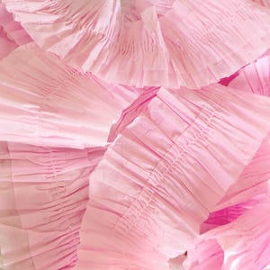 May include: A pile of pink ruffled fabric trim. The fabric is soft and delicate, with a slightly crinkled texture.