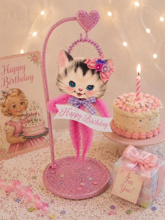 Vintage Style Birthday Kitty Chenille Ornament | Pink Pipe Cleaner Cat with Happy Birthday Banner | Retro Kitsch Party Decor | Gift Topper