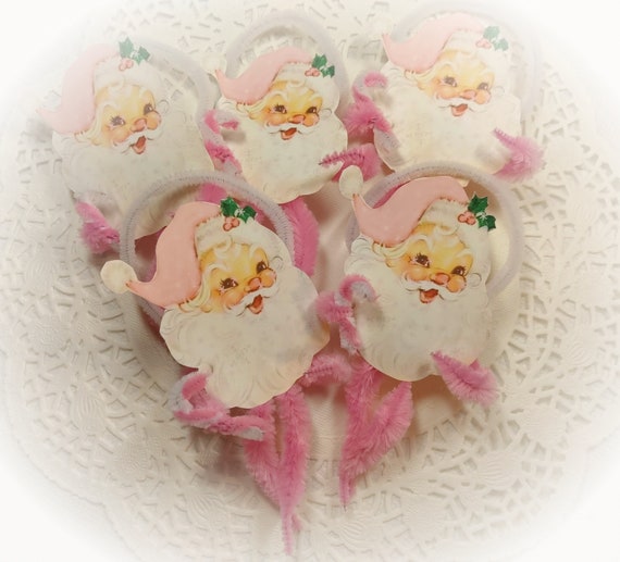 5 Pink Santa Christmas Chenille Vintage Style Ornaments - Christmas Tree Decoration - Santa Claus Father Christmas - Pipe Cleaner Ornament Il_570xn
