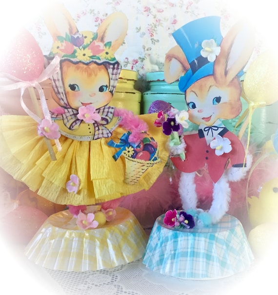 Easter Bunny Bunnies Spring Decor Vintage Style Bump Chenille Figure Shabby Chic Pipe Cleaner Paper Doll Figurine Paperdoll Cake Topper Gift Il_570xn