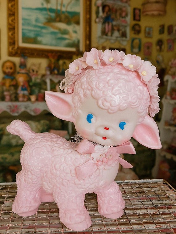 Retro Vintage Inspired PINK RUBBER LAMB - Squeaky Toy - Decorative