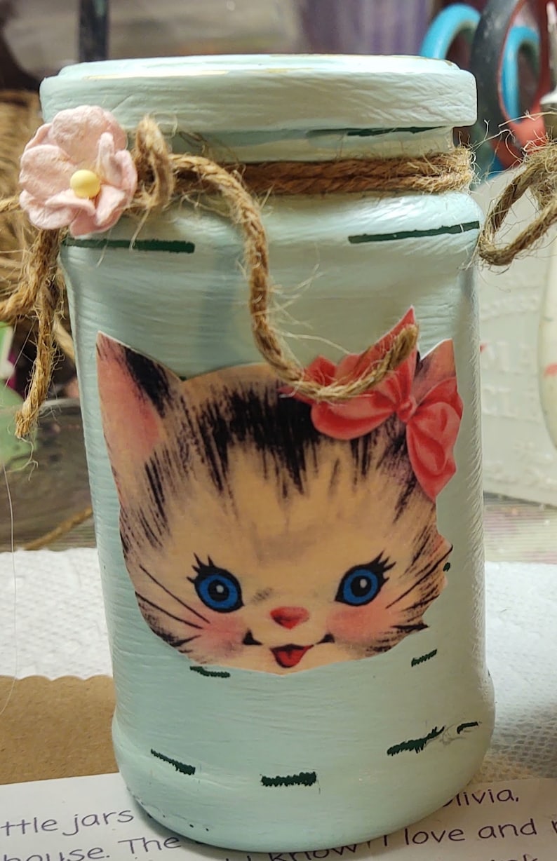 Vintage Kitty Glass Jar Whimsical Kitschy Kitsch Decor Vintage Style Retro Decor Shabby Chic Vanity Desk Bathroom Storage Gift Idea image 6