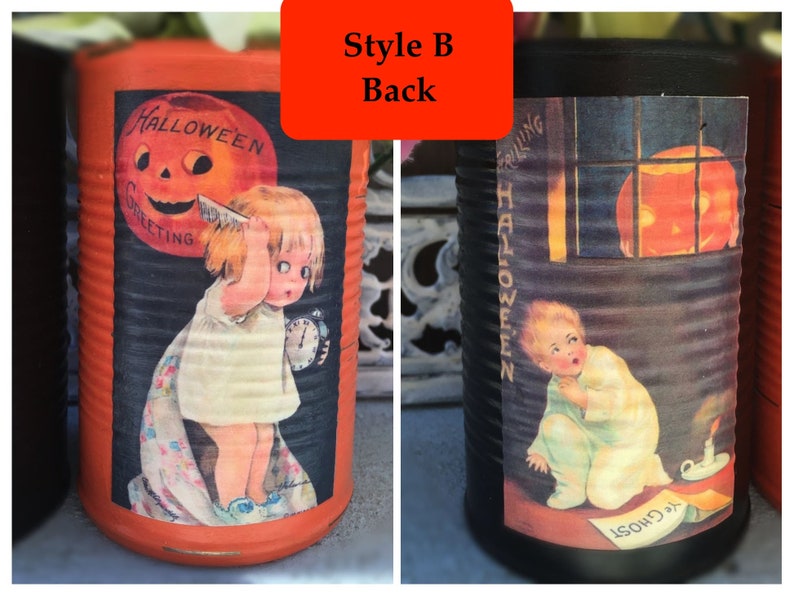 2 Halloween Black & Orange Painted Tin Cans Vintage Halloween Decor VICTORIAN KIDS Vases Decoration Table Centerpieces Pumpkin Party Favor image 6