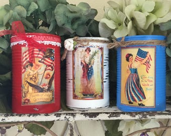 3 Americana Primitive Tin Cans Vases Shabby Chic Rustic Farmhouse Patriotic Flag Labor Memorial Day 4th of July 4 Red White Blue Centerpiece