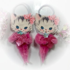 Pink Kitty Chenille Vintage Style Valentines Day Ornament Christmas Tree Decoration Kitten Cat Pipe Cleaner Ornament Gift Topper image 2