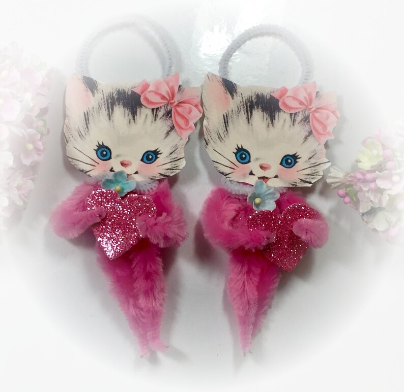 Pink Kitty Chenille Vintage Style Valentines Day Ornament Christmas Tree Decoration Kitten Cat Pipe Cleaner Ornament Gift Topper image 2