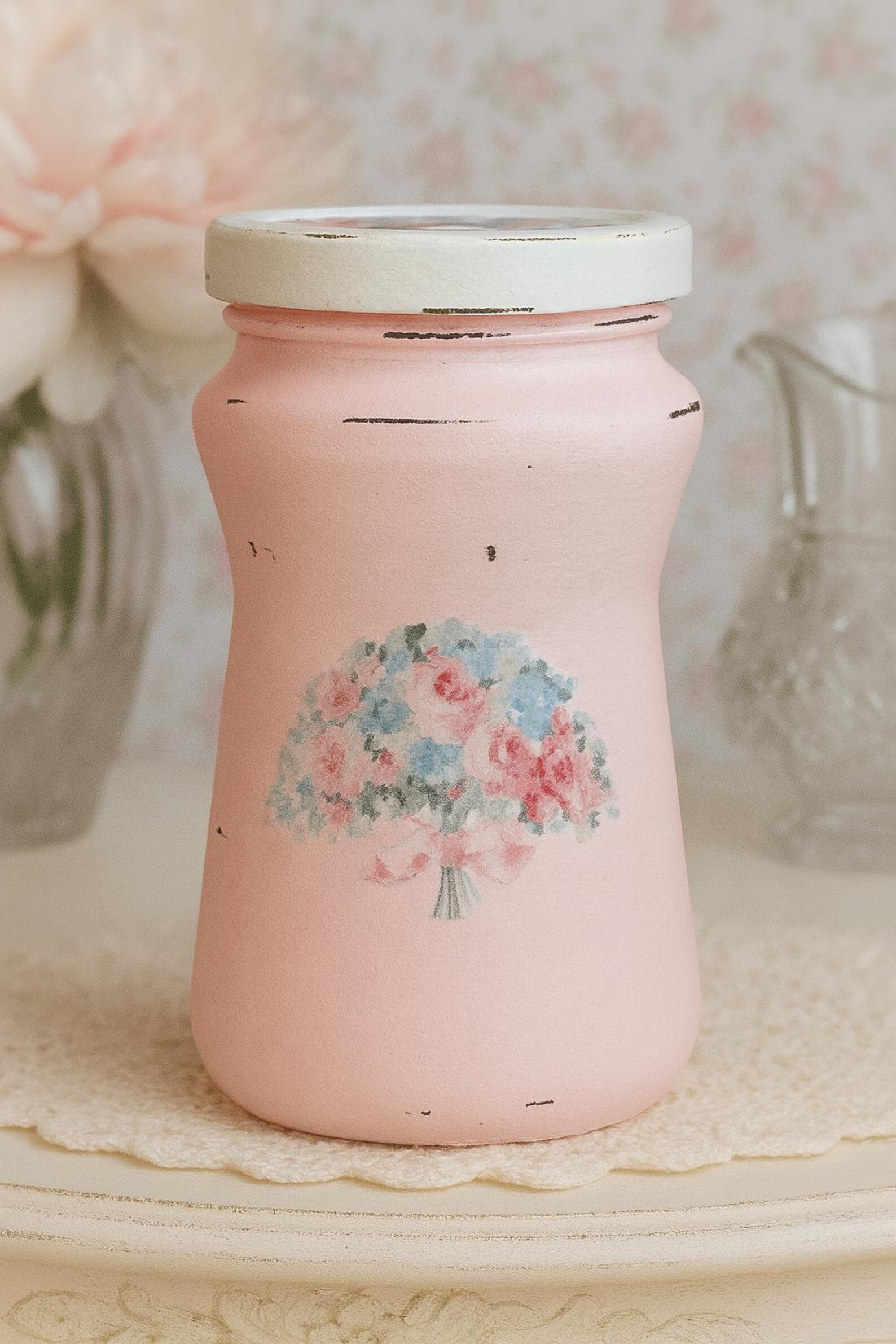3 Shabby Chic Pink Vintage Glass Jars Canisters Decoupage Flower Floral ...