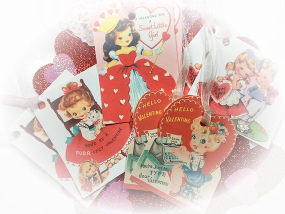 8 Vintage Valentine Handmade Gift Bag Tags/Cards & Ribbons - Girls and Boys- Vintage Style Retro Art Tags Shabby Chic Journal Scrapbook Tag Il_570xn