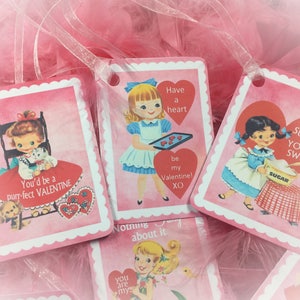 9 Pink Valentine's Day Decor Tags/Cards AND 9 Ribbons Vintage Retro 1940s/1950s Children Kids Little Girl Gift Bag Art Tag Shabby Chic Card image 2