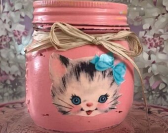 Vintage Kitty Coral Glass Jar - Whimsical Kitschy Kitsch Decor - Vintage Style Retro Decor Shabby Chic - Vanity Desk Bathroom Storage - Gift