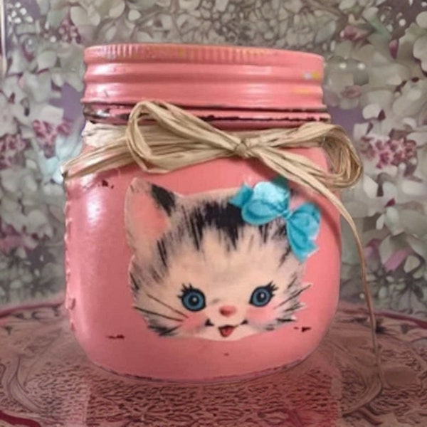 Vintage Kitty Coral Glass Jar - Whimsical Kitschy Kitsch Decor - Vintage Style Retro Decor Shabby Chic - Vanity Desk Bathroom Storage - Gift