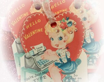 9 Vintage Valentine Handmade Gift Bag Tags/Cards & Ribbons Vintage Retro Art Tags Shabby Chic Journal Scrapbook Card Bookmarks Teacher Gift