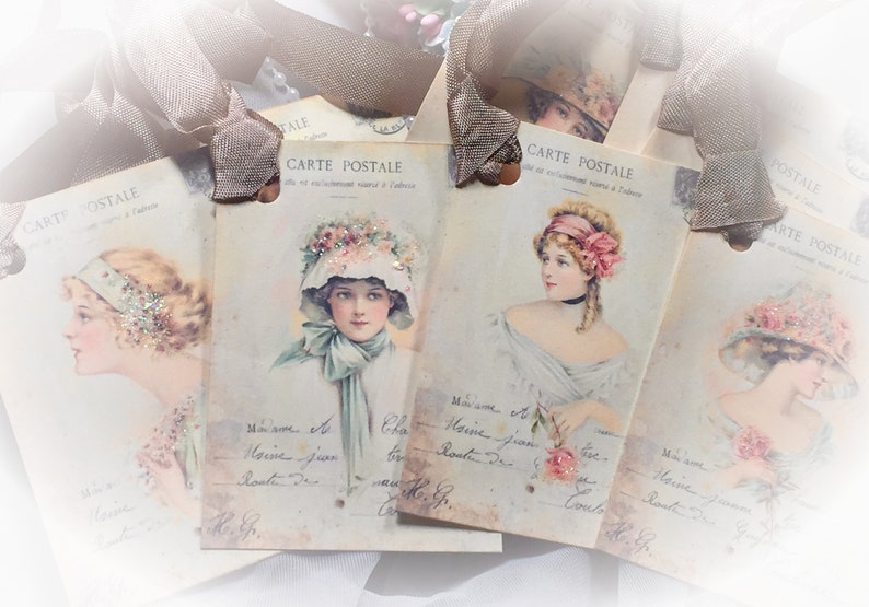 8 Harrison Fisher Girl Handmade Gift Tags/Cards 8 Vintage Satin Ribbons Glitter Retro Bag Art Shabby Chic Journal Scrapbook Bookmark Teacher image 7