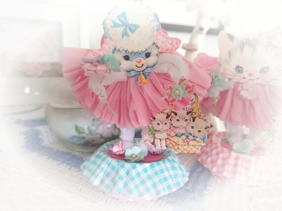Lamb Easter Spring Decor Vintage Style Bump Chenille Pipe Cleaner Figure Shabby Chic Paper Doll Figurine Paperdoll Cake Topper Pink Gift Il_570xn