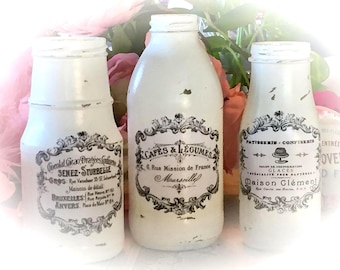 3 French Country White Glass Jars/Bottles Vases - CottageCore Shabby Chic Table Decor Centerpiece - Paris France Apt Wedding Office Kitchen