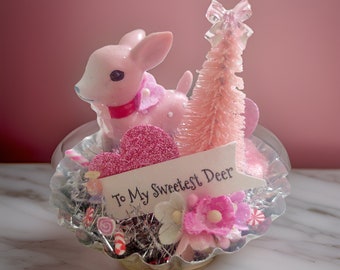 Pink Deer Vintage Valentine Style Ornament - Reindeer & Bottle Brush Tart Tin Kitschy Kitsch Decor - Shabby Chic Christmas Decorations- Gift