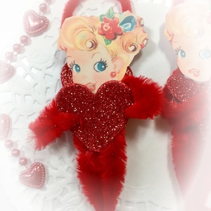 Vintage Girl and Heart Chenille Valentines Day Ornament - Christmas Tree Decoration - Vintage Inspired Pipe Cleaner Ornament  Doll/Figurine