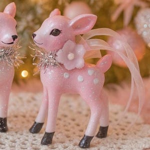 Pink Deer Retro Fawn- ONE Pink Christmas Reindeer Tree OR Shelf Ornament - Vintage Style Ornament Sweet Vintage Design Gift Stocking Stuffer