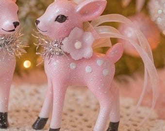 Pink Deer Retro Fawn- ONE Pink Christmas Reindeer Tree OR Shelf Ornament - Vintage Style Ornament Sweet Vintage Design Gift Stocking Stuffer