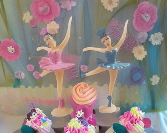 12 Mini Ballerina CupCake Cake Toppers -Pink and Blue -Vintage Style Kitschy Kitsch Retro Party Decor or Mixed Media Assemblage Crafting