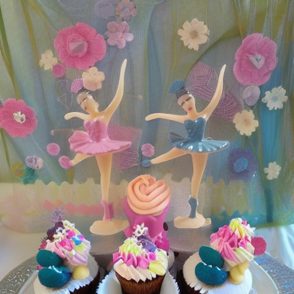 6 Mini Ballerina CupCake Cake Toppers -Pink OR Blue -Vintage Style Kitschy Kitsch Retro Party Decor or Mixed Media Assemblage Crafting