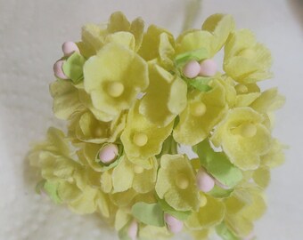 1 Forget-Me-Not Paper Flower LEMON/LIME Yellow Bouquet/Pick/Sprays-Vintage Millinery Style- DollHouse Miniature - Flower Crown Crafting Gift