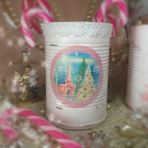 Christmas Barely Pink White Lace Shabby Chic Tin Can Vase Centerpiece Decorations Xmas Decor Paint Decoupage Decorated Embellished Gift Box image 5