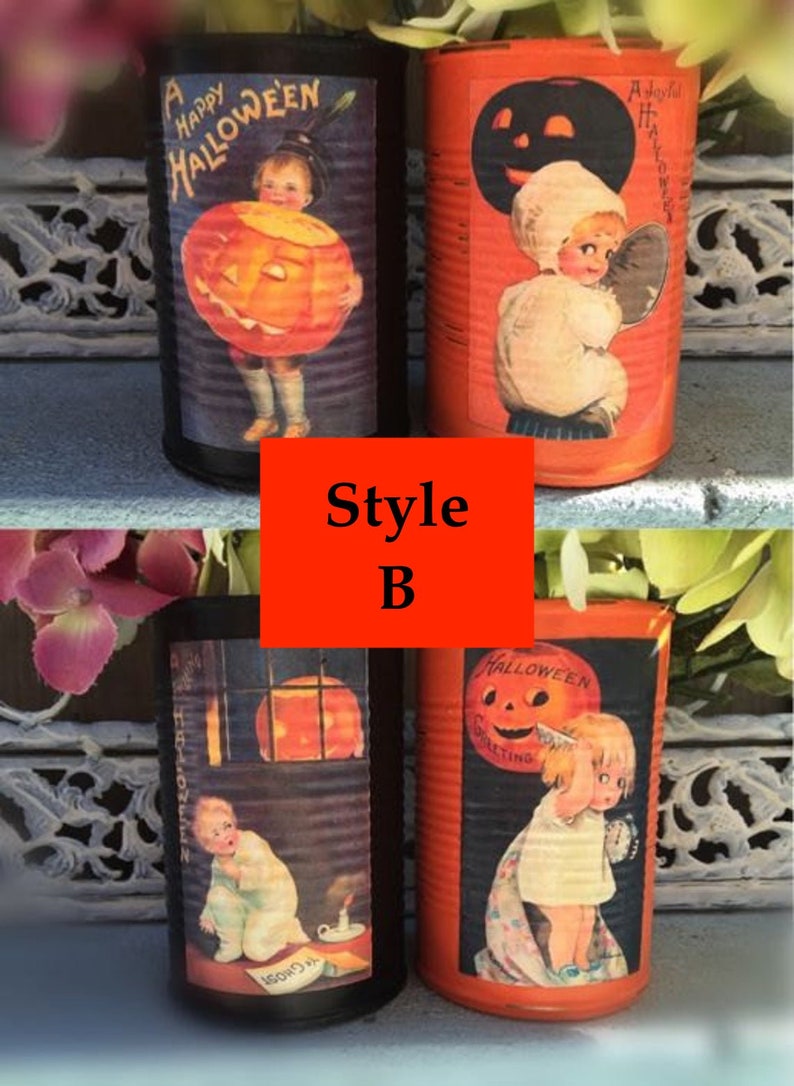 2 Halloween Black & Orange Painted Tin Cans Vintage Halloween Decor VICTORIAN KIDS Vases Decoration Table Centerpieces Pumpkin Party Favor image 8