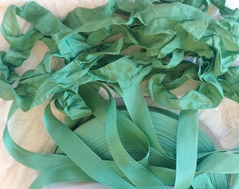Green Grass Seam Binding Ribbon 6+ Yds /Scrunchy Crinkle Wrinkle Grungy Satin Card Making Gift Tag Paper Craft Planner Scrapbook Journal