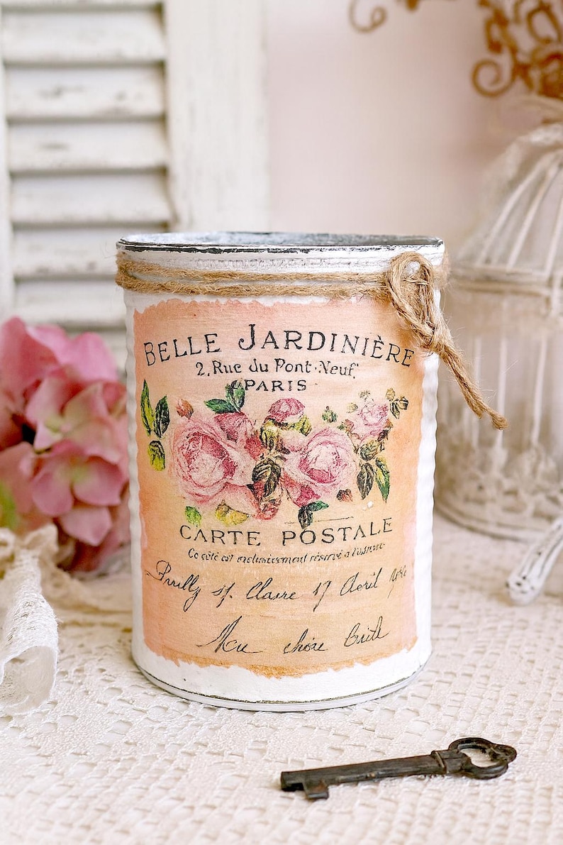 2 Pc Shabby Chic French Country Ivory Tin Cans CottageCore | Table Centerpieces | Home Dorm Decor Gift Sweet Vintage Designs afbeelding 4