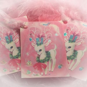 Set of 9 Pink Christmas Vintage Style Adorable Reindeer Deer TAGS Pink Ribbons for Gift Bags/Ornaments/Tags Shabby Chic Retro Greeting Cards
