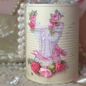 Shabby Chic Ivory Painted Tin Can with Decoupage Vintage Corset & Satin Rosebuds - Vase Vanity Boudoir Decor Makeup Brush Holder Gift Idea