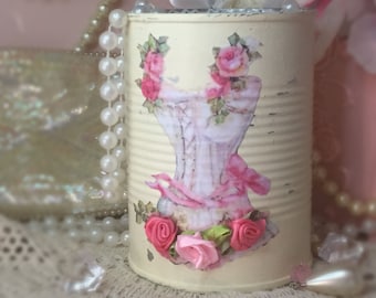 Shabby Chic Ivory Painted Tin Can Vintage Decoupage Corset Satin Rosebuds Vase Vanity Boudoir Decor Make Up Brush Holder OOAK Gift Idea