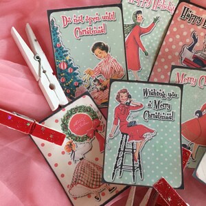 9 Christmas Gift Bag Art Tags Label and 9 Clothespins Clip SET Shabby Chic Mid-Century Kitschy Whimsical Retro Women Housewife Vintage Theme image 2